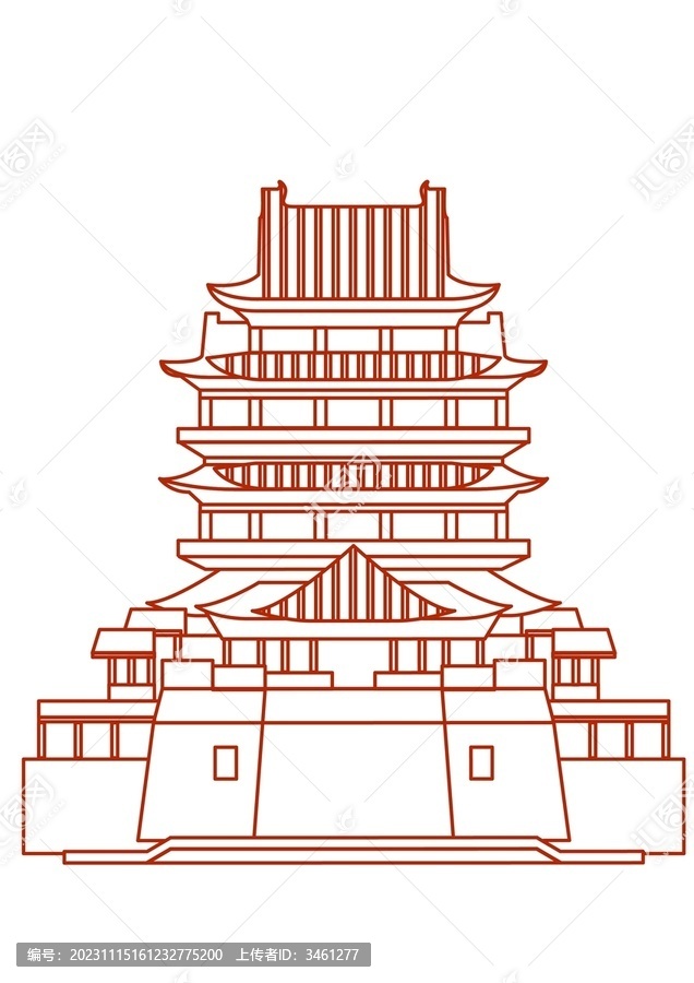 滕王閣線稿矢量城市建筑鏤空印章