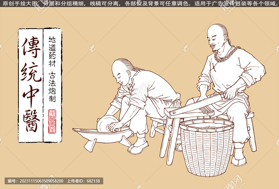 古法中藥加工插畫線描版