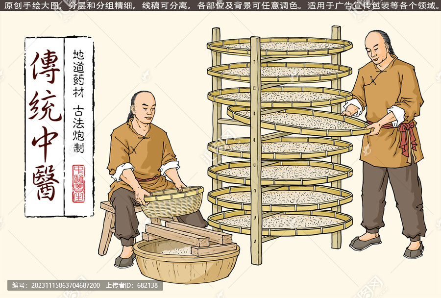 古法中藥材加工插畫