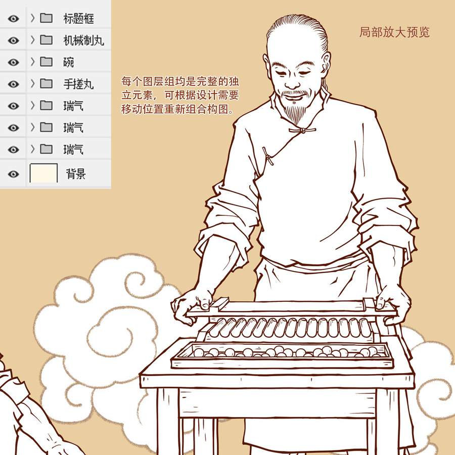 古法藥丸加工插畫(huà)線描版