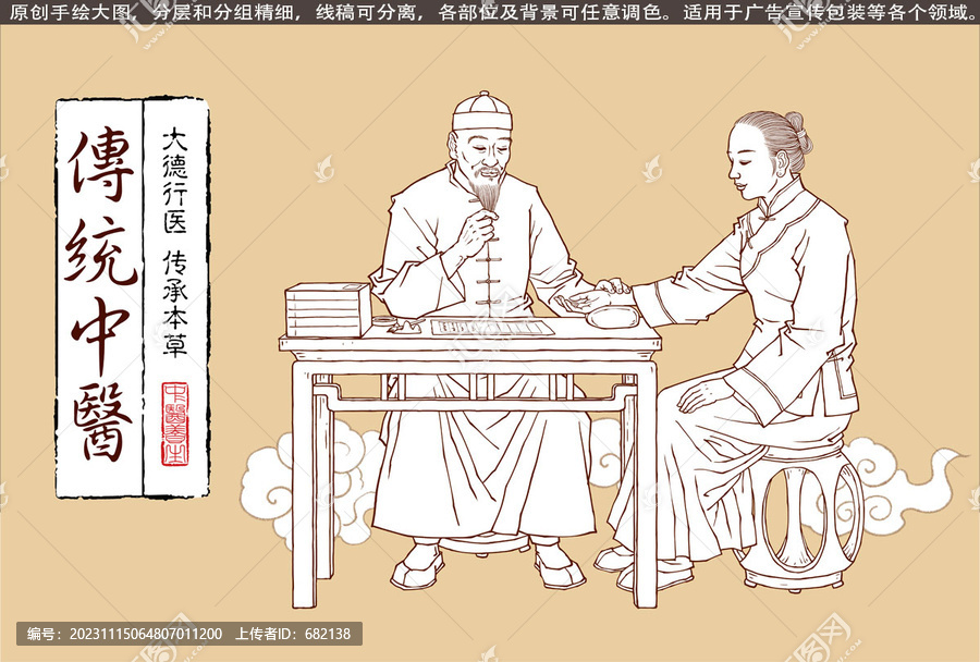 古代中醫(yī)診脈插畫線描版