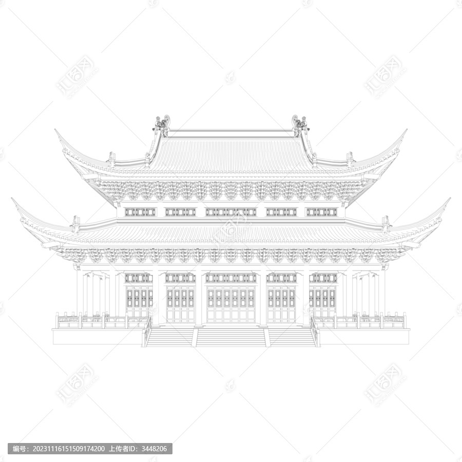 重檐歇山大殿立面線稿