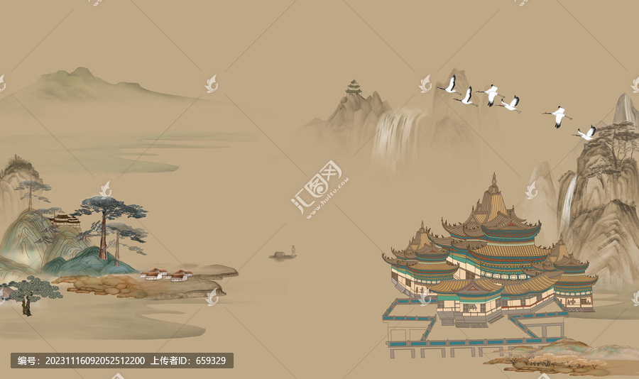 中式閣樓山水畫