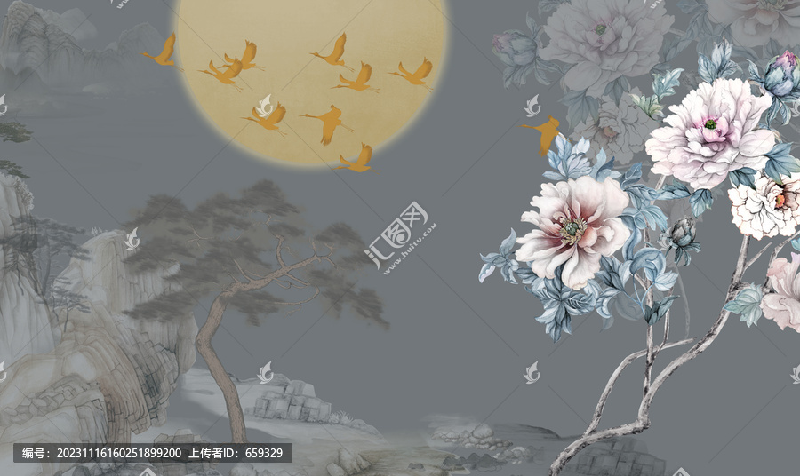 新中式牡丹花鳥(niǎo)山水