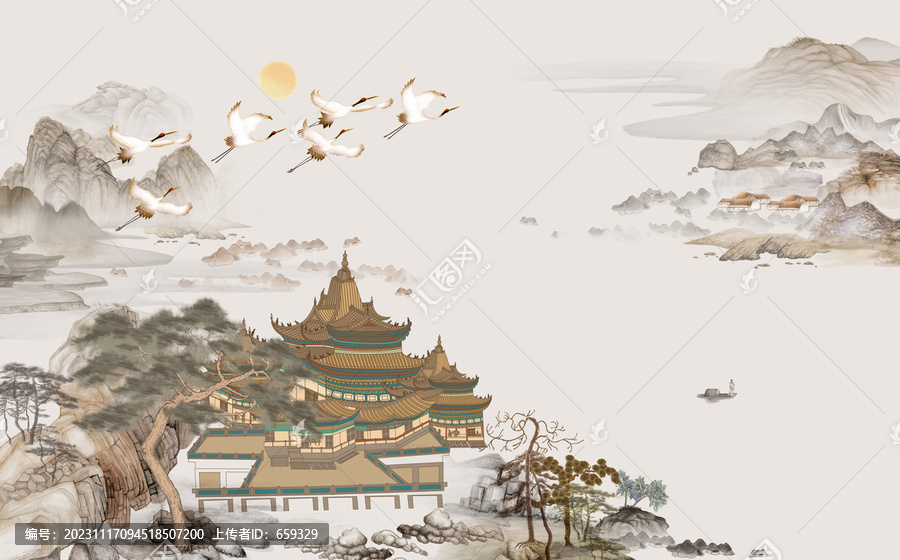 新中式閣樓山水輕奢背景墻