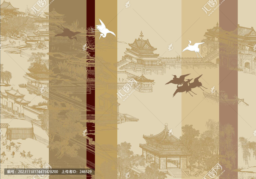 中式手繪閣樓山水背景墻