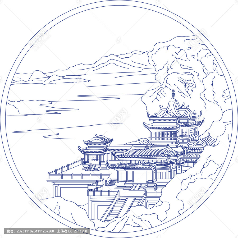 蓬萊仙境圓形線描