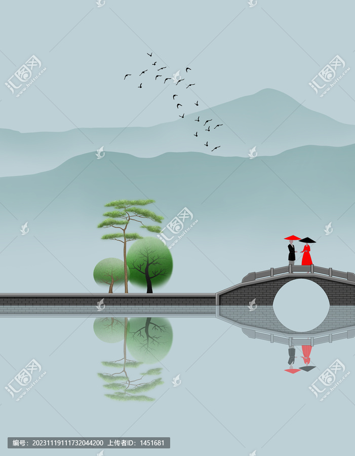 國潮小清新山水插畫