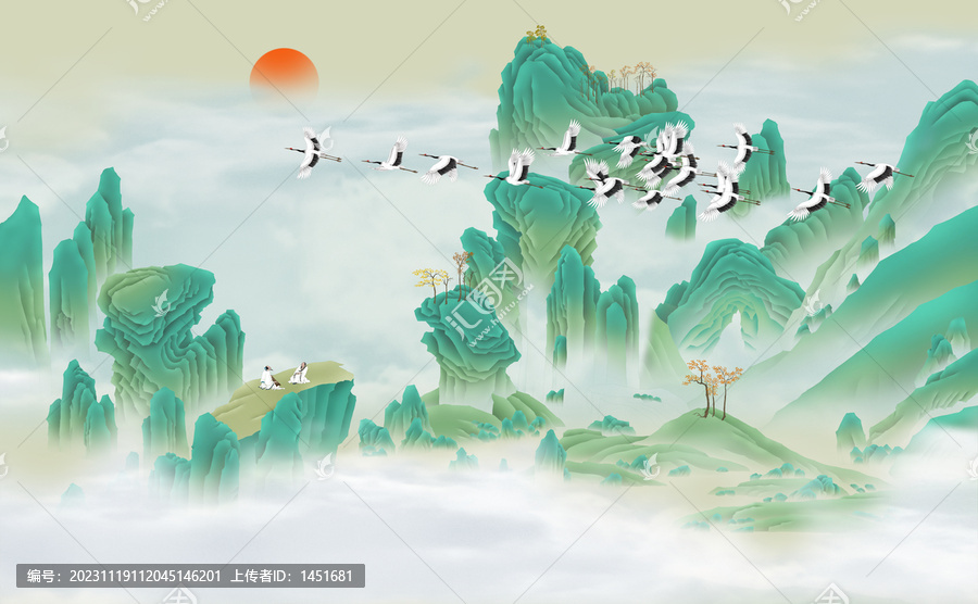 青綠山水仙鶴圖