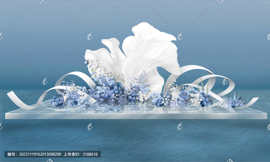 藍(lán)白海邊泡雕自由曲線婚禮效果圖