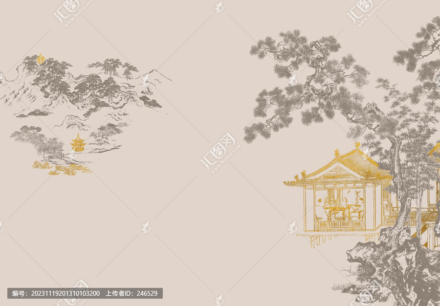 新中式寫意描金山水背景墻