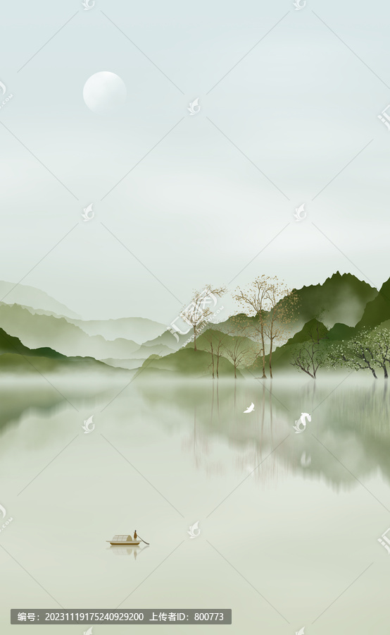 青綠中式禪意山水