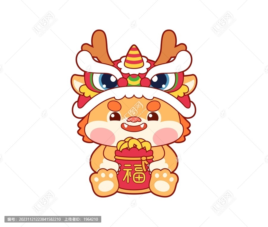 可愛卡通醒獅中國龍財神