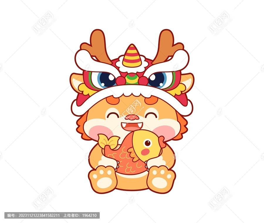 可愛卡通醒獅中國龍年年有魚