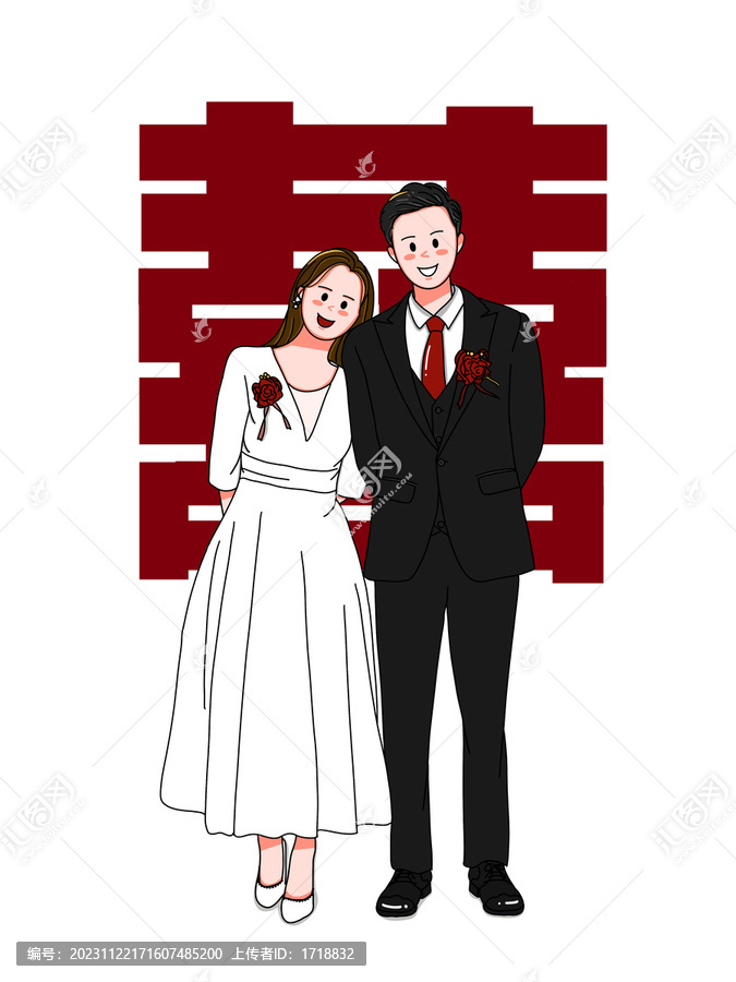 手繪插畫新中式可愛新郎新娘
