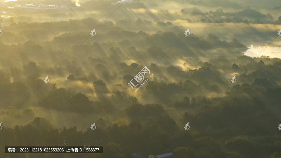 杭州西溪湿地公园晨曦晨雾航拍