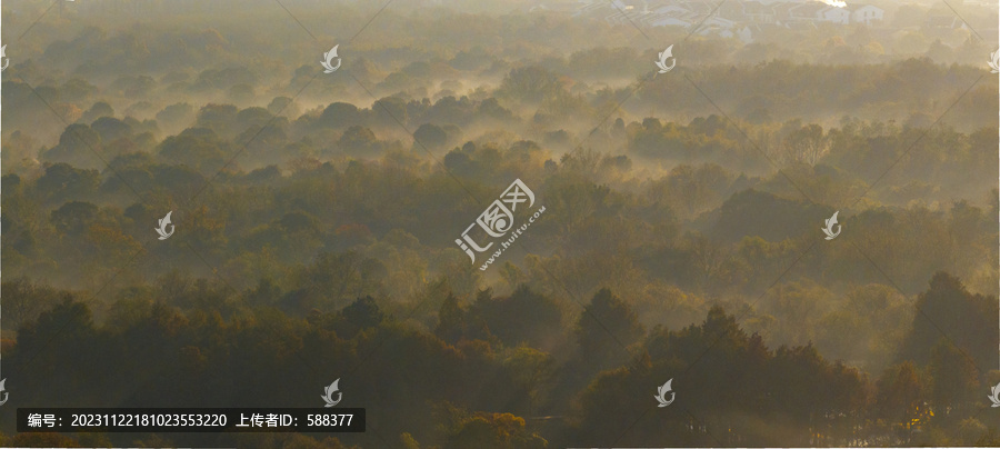 杭州西溪湿地公园晨曦云雾航拍