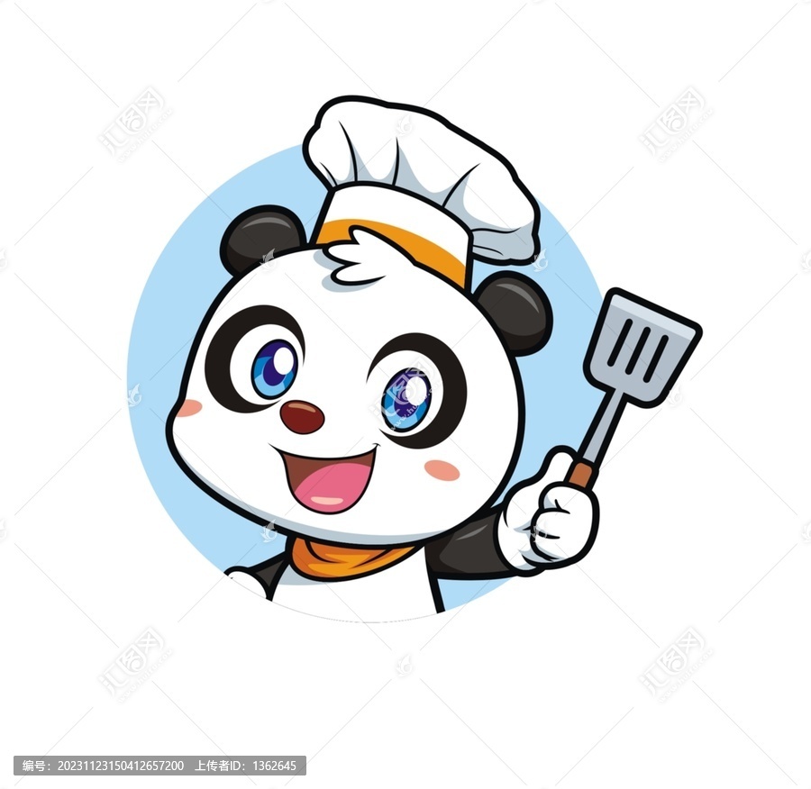 卡通可愛熊貓廚師拿鍋鏟半身