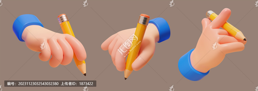 三维卡通不同角度握着铅笔的手素材集合