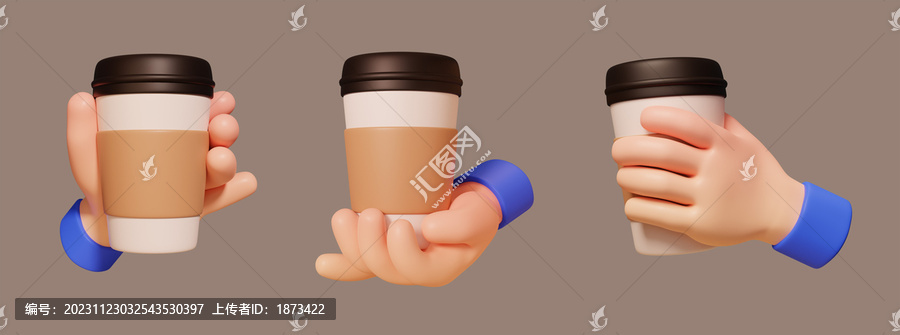 三维卡通不同角度拿着咖啡杯的手部素材集合