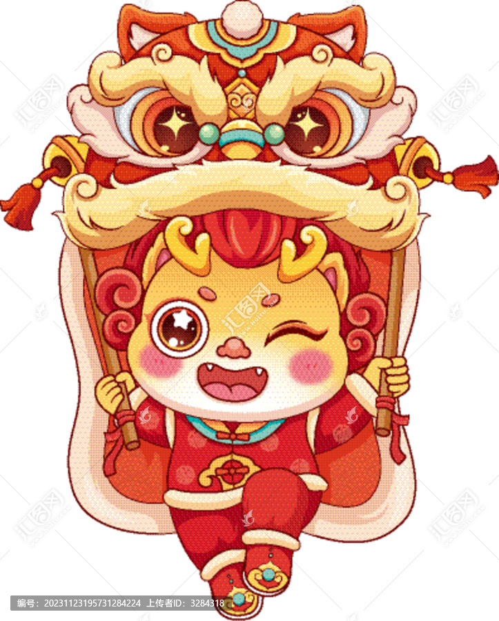 龍年中國風新年舞獅喜慶插畫