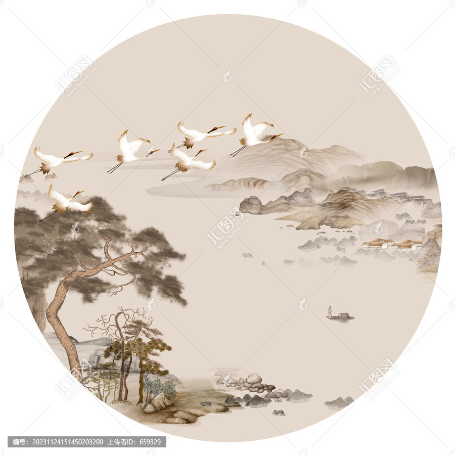 圓形國(guó)畫山水