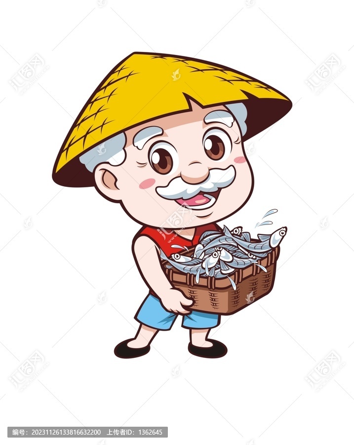 卡通可愛老漁夫拿筐魚