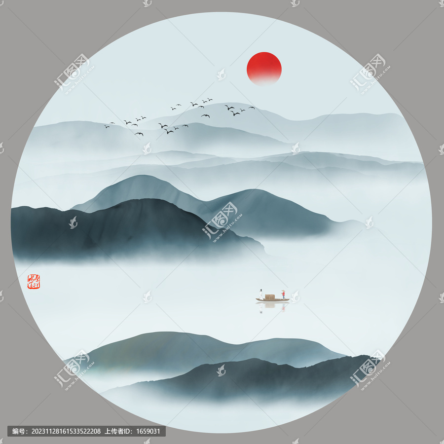 圓形水墨山水