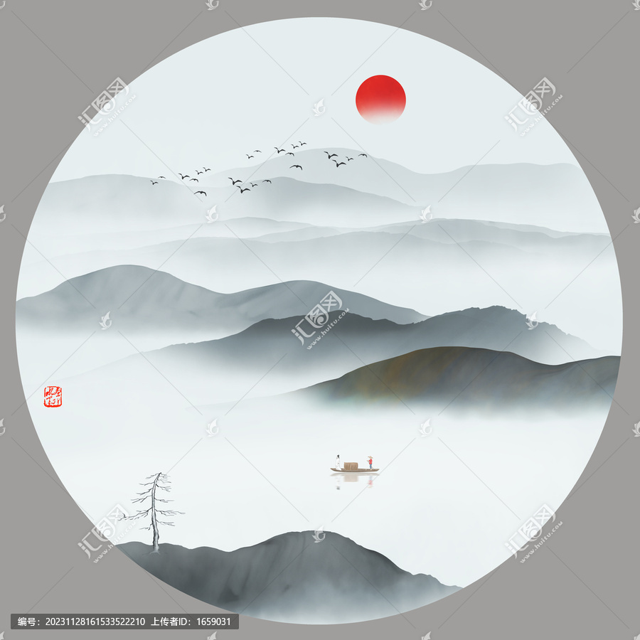 圓形水墨山