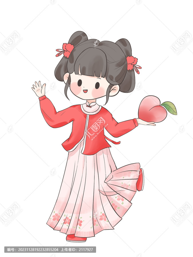 古風漢服Q版女孩拿壽桃過年