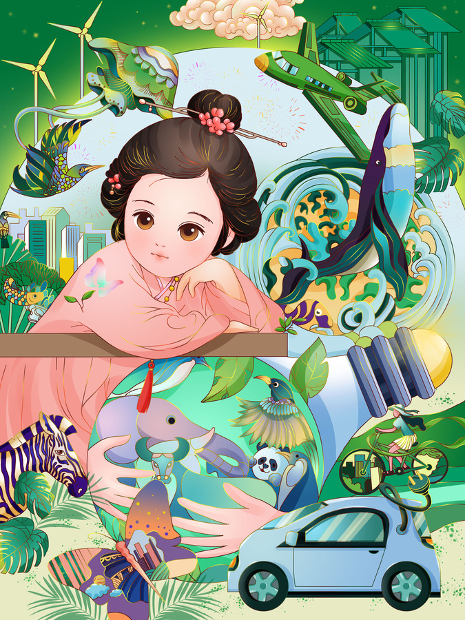 唯美低碳綠色自然田園環(huán)保插畫
