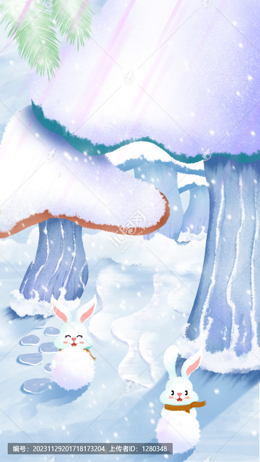 雪景一角系列插畫蘑菇林滾雪球