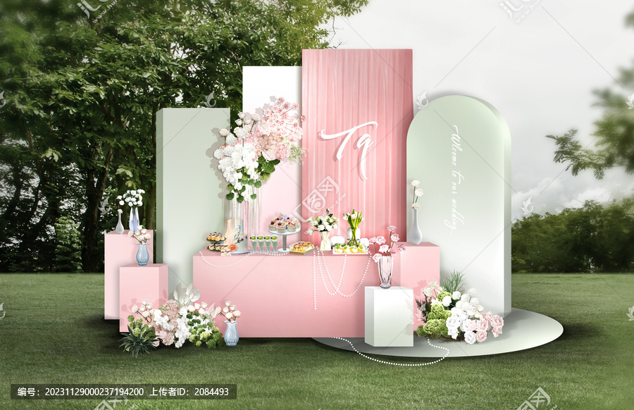 白绿粉色婚礼甜品区