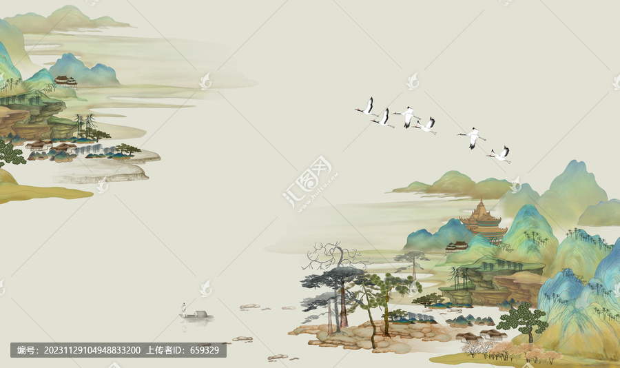 高端新中式青綠山水背景墻