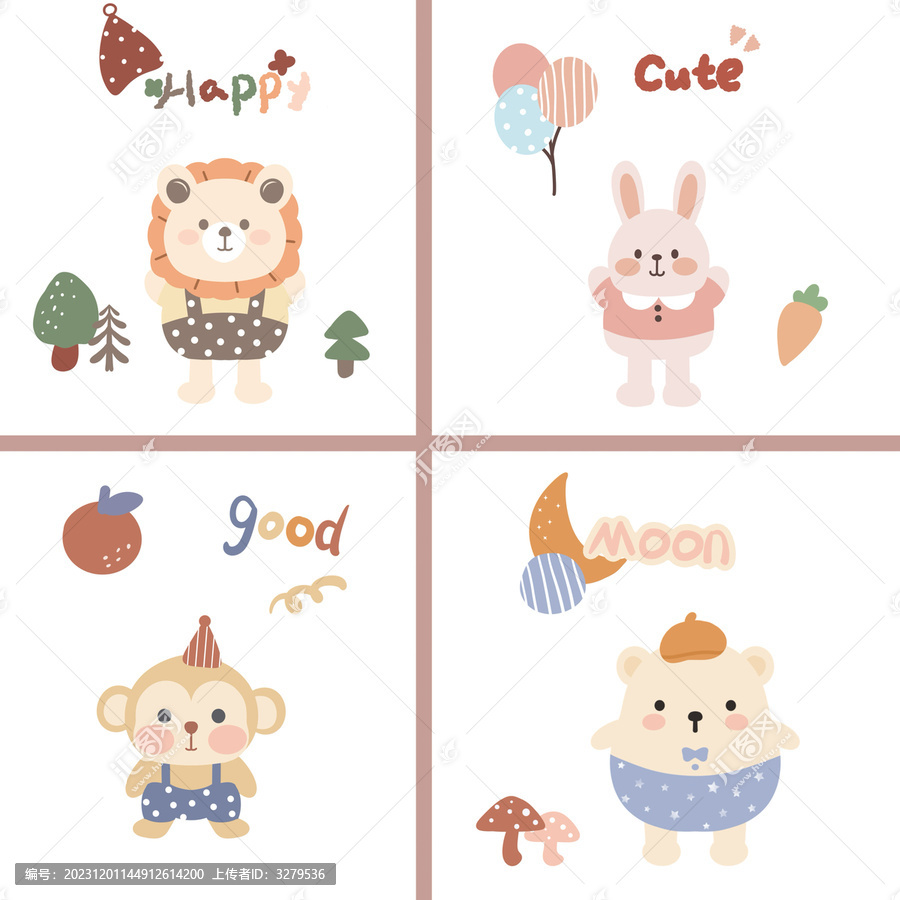 簡約卡通動物森系插畫系列圖案