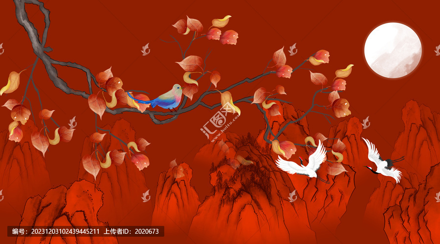 古典紅葉山水插畫