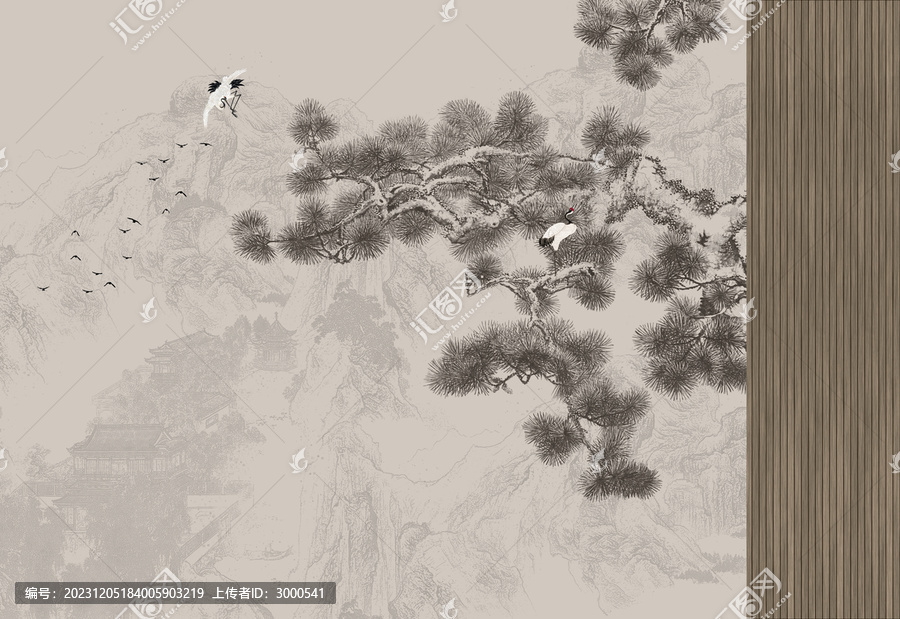 新中式格柵松樹背景墻