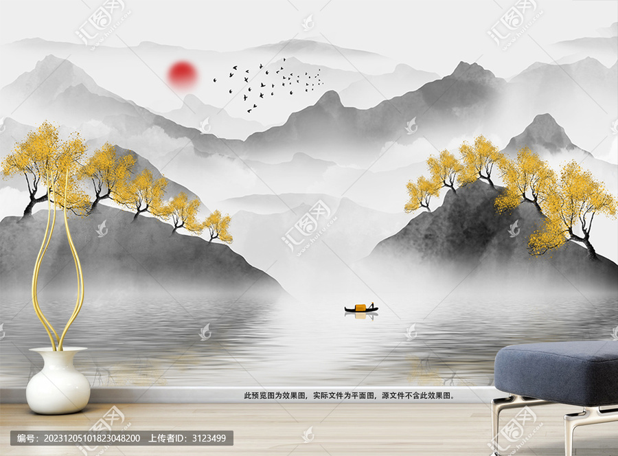 輕奢發(fā)財(cái)樹(shù)意境山水畫(huà)電視背景墻