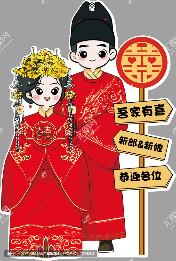 中式婚礼人像卡通立牌