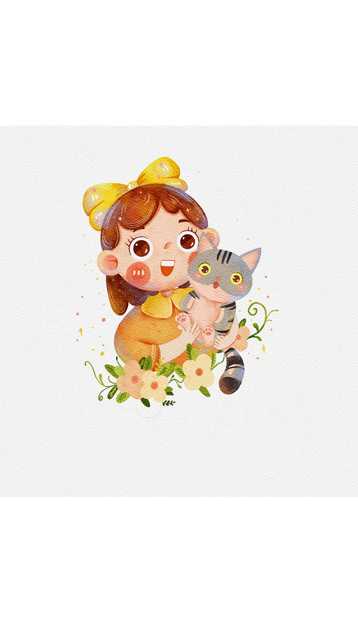 卡通兒童插畫(huà)可愛(ài)女孩貓咪背景