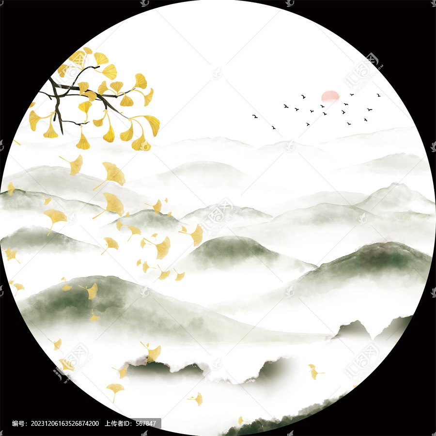 銀杏葉山水裝飾畫
