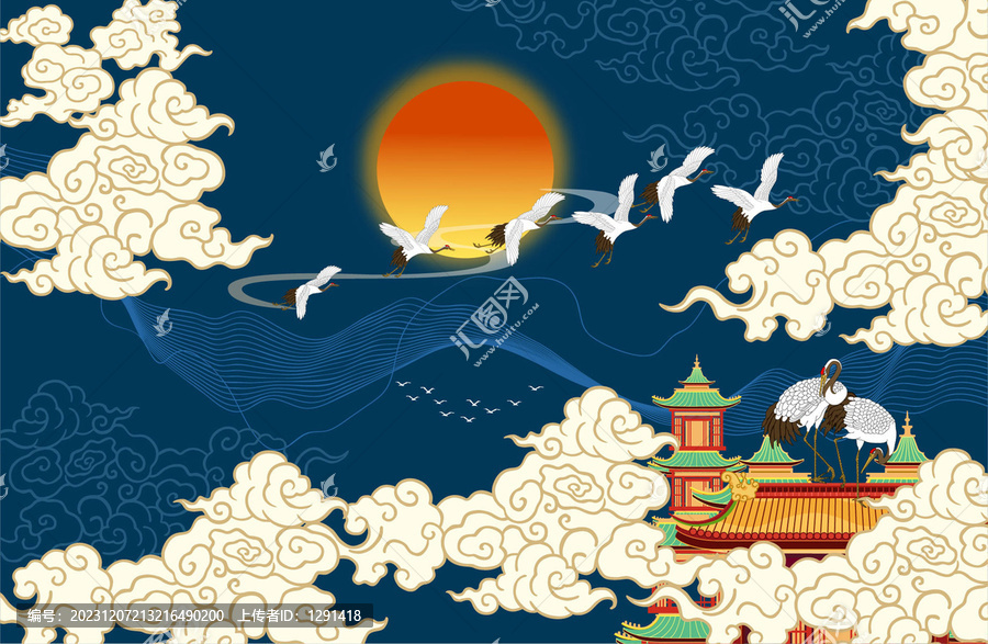 仙鶴祥云宮殿國潮插畫