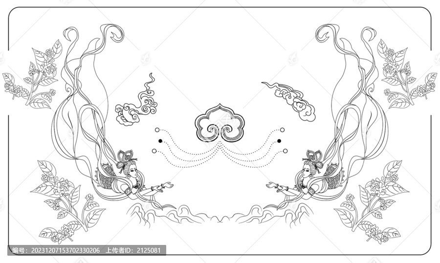 国潮敦煌飞天仙女矢量白描线稿