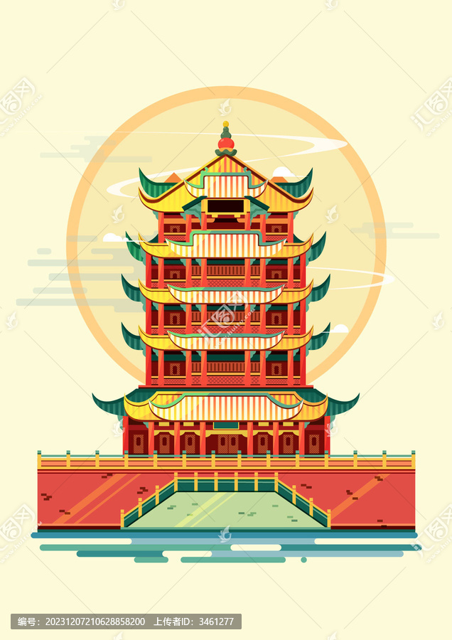 黃鶴樓古建筑四大名樓矢量插畫