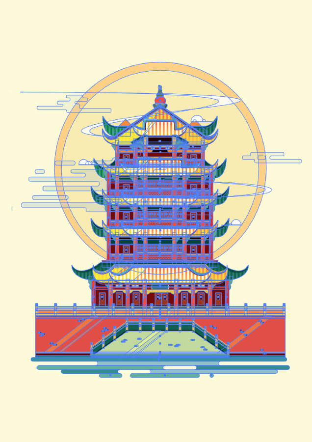 黃鶴樓古建筑四大名樓矢量插畫