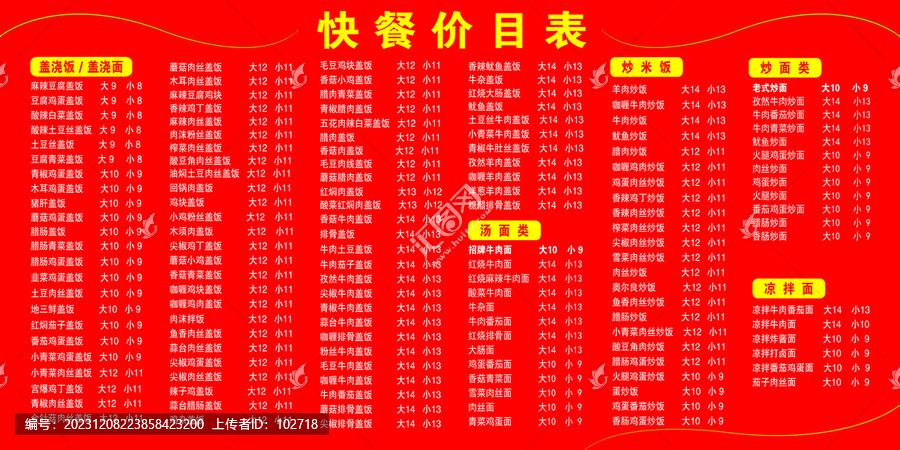 快餐價目表