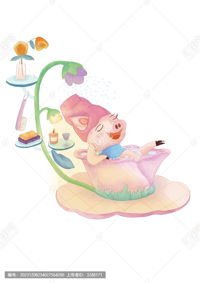 手繪洗澡的豬豬女孩場景插畫