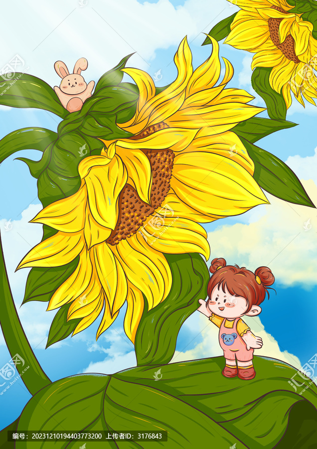 卡通向日葵女孩手繪插畫