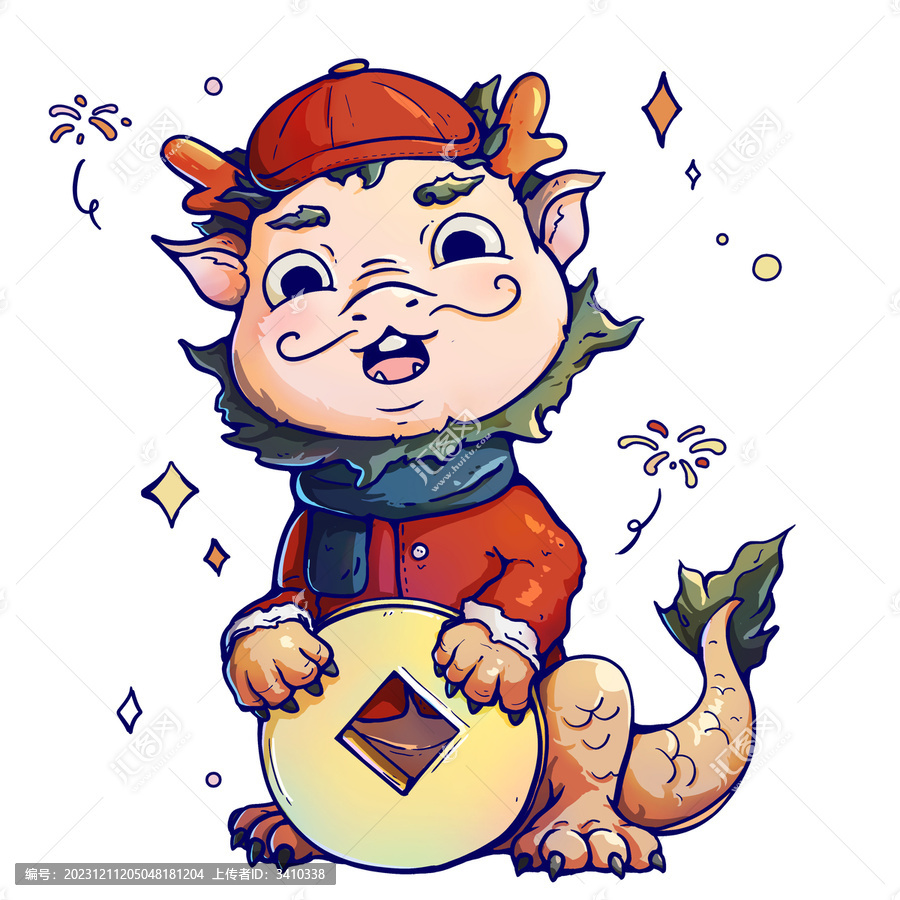 國潮趣味年畫手里拿著金幣的龍