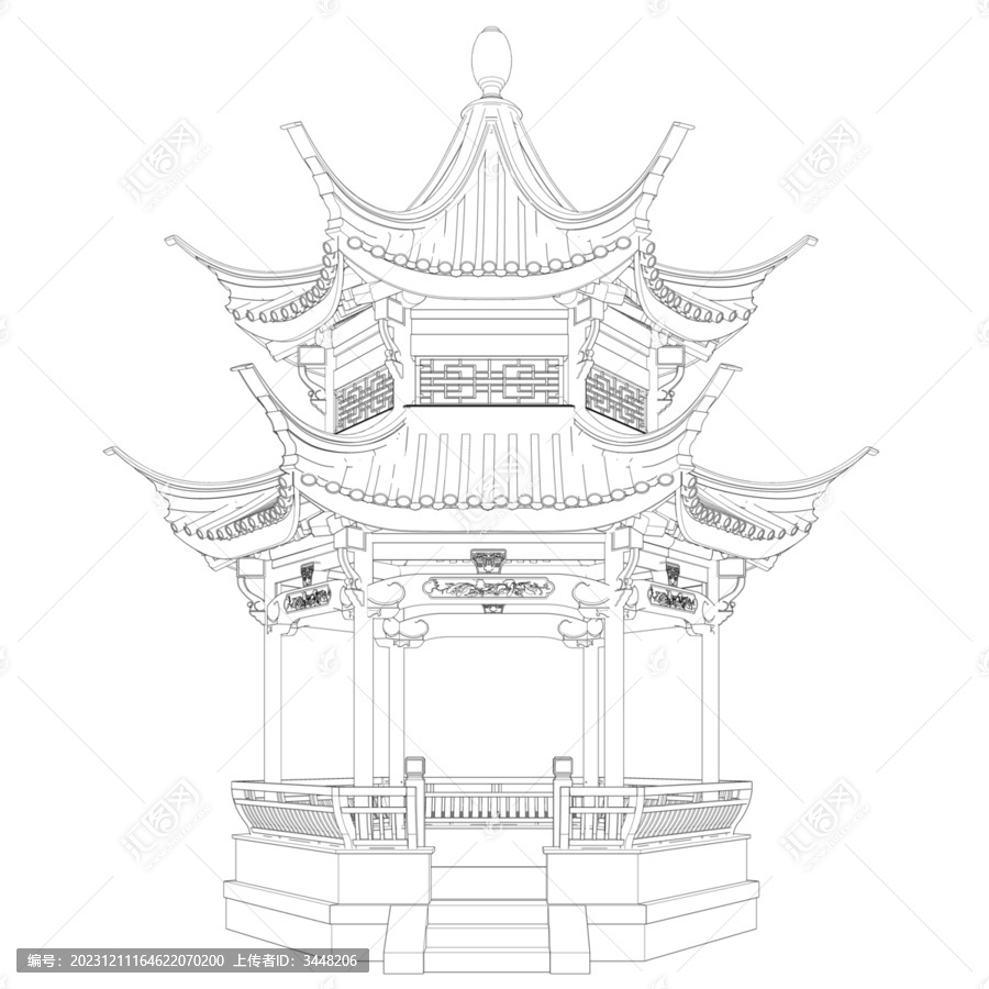 徽派六角亭立面線稿